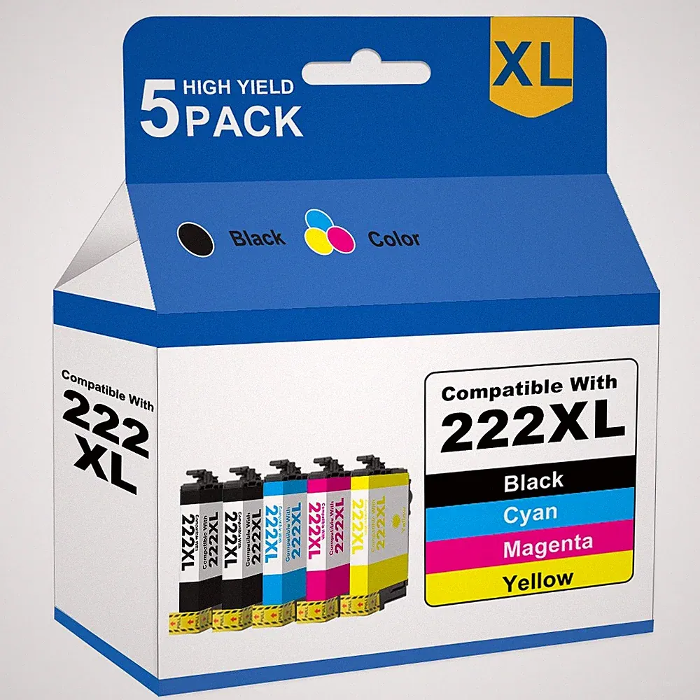 5 Pack 222XL Replacement for Epson Ink Cartridge for WF-2960 XP-5200 Printer