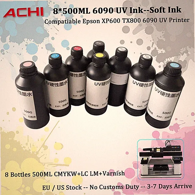8*500ml UV INK For 6090 Printer & Epson XP600/TX800 Print head CMYK-W-V LC/LM US
