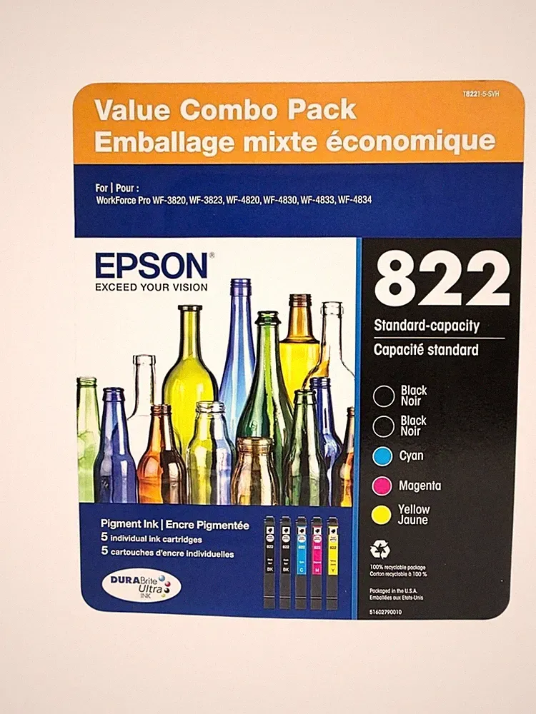 Epson 822 DURABrite Ultra Ink Stand Cap. Ink Cartridges (Read) BLK Cyan Magenta