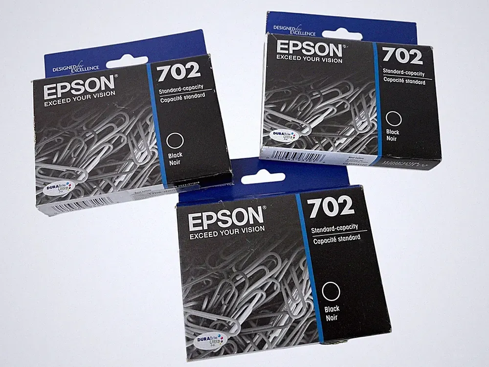 Lot of 3 Epson 702 Standard Capacity Black Inkjet Printer Ink Cartridges Expired